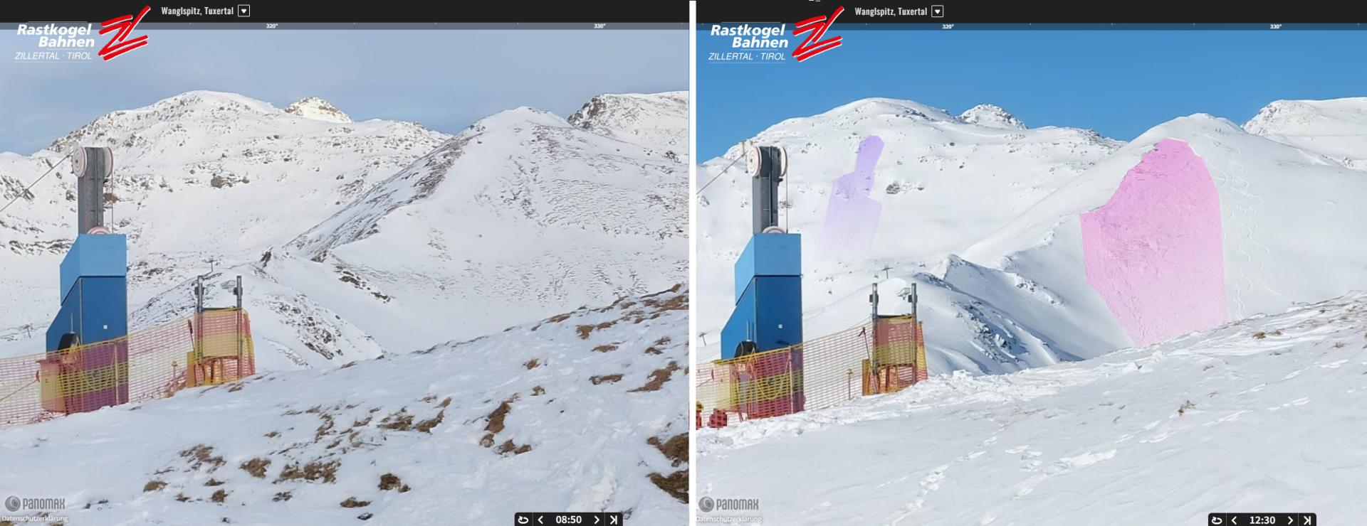 Rechts im Bild in Magenta nochmals die Lawine am Hoarbergjoch. Im Hintergrund in Violett übrigens eine zuvor gesprengte, kleine Schneebrettlawine. Links die Schneebedeckung vor den Schneefällen am 18.12.2024.