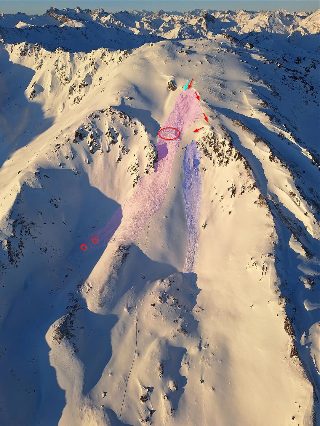 Panoramica della valanga dell'incidente: la freccia rossa indica le tracce di entrata. Il gruppo di quattro persone si è riunito nell'area dell'ellisse rossa. I due cerchi rossi indicano i luoghi di seppellimento. La valanga secondaria è riconoscibile sulla destra dell'immagine. (© LWD Tirol, 27.12.2024)