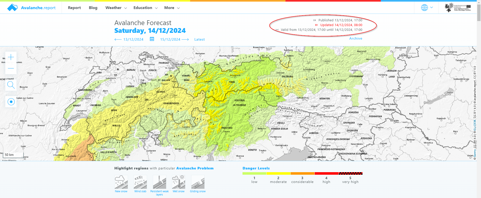 Avalanche forecast for Saturday, 14.12.2025. The red ellipse designates the time of publication, the current general validity of the bulletin extending from 5:00 pm to 5:00 pm of the following day.