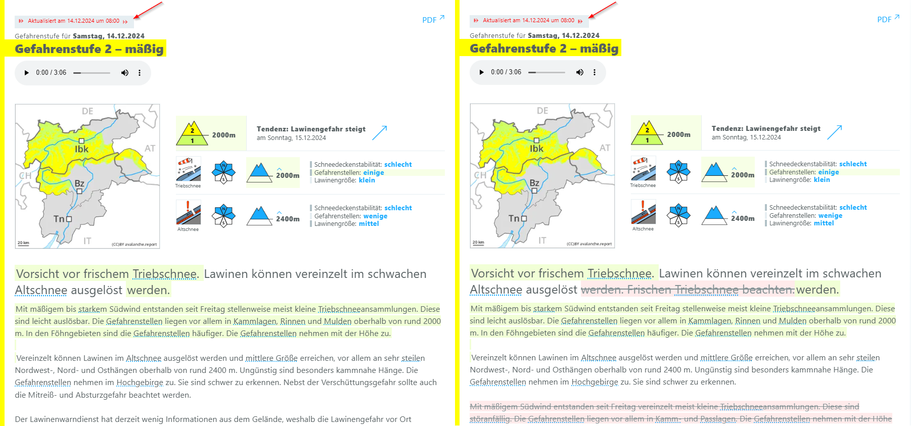Durch einmaliges Klicken auf „Aktualisiert am 14.12.2024 um 08:00“ (roter Pfeil) werden neu hinzugefügte Informationen grün hervorgehoben. Bei zweimaligem Klicken werden im Zuge der Aktualisierung entfernte Informationen zusätzlich mit roter Kennzeichnung dargestellt.