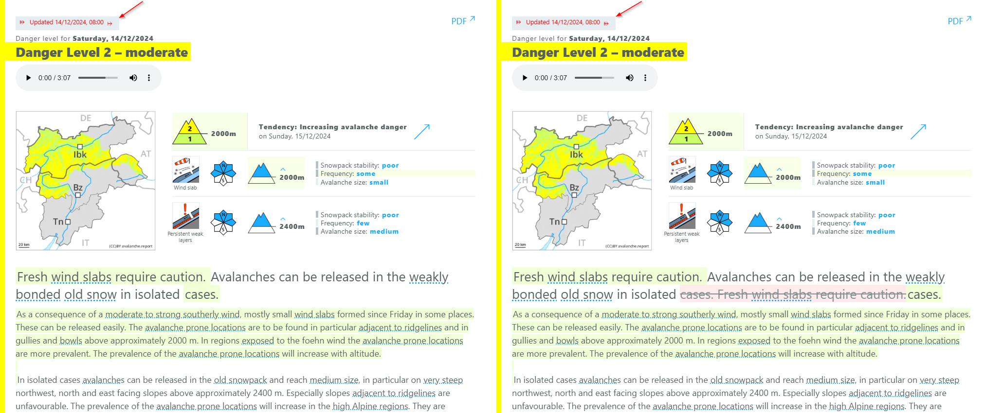By clicking once on “Updates on 14.12.2025 at 8:00 am” (red arrow), all newly added information is marked in green. By clicking twice, the information which has been deleted in the update is marked in red.