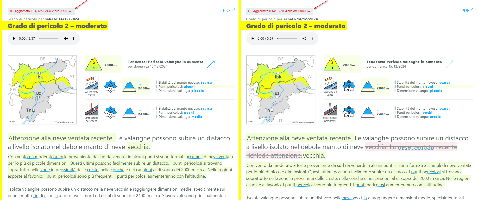 Cliccando una volta su “Aggiornato il 14.12.2024 alle 08:00” (freccia rossa), le nuove informazioni aggiunte sono evidenziate in verde. Cliccando due volte, anche le informazioni rimosse durante l'aggiornamento sono evidenziate in rosso.