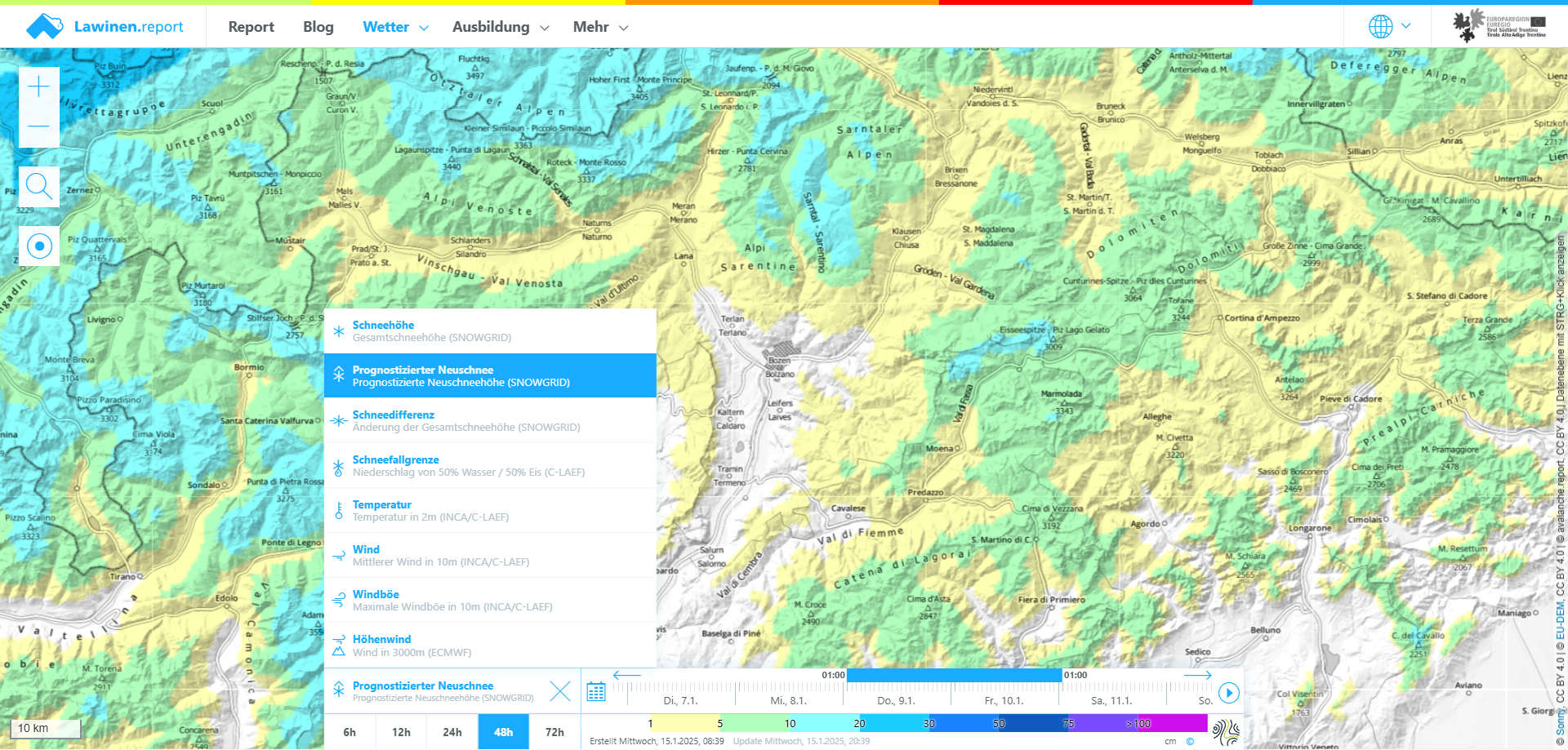 Unter dem Reiter Wetterkarten können auf der Webseite Lawinen.report diverse flächig aufbereitete und qualitativ sehr hochwertige Wetterinformationen abgerufen werden.