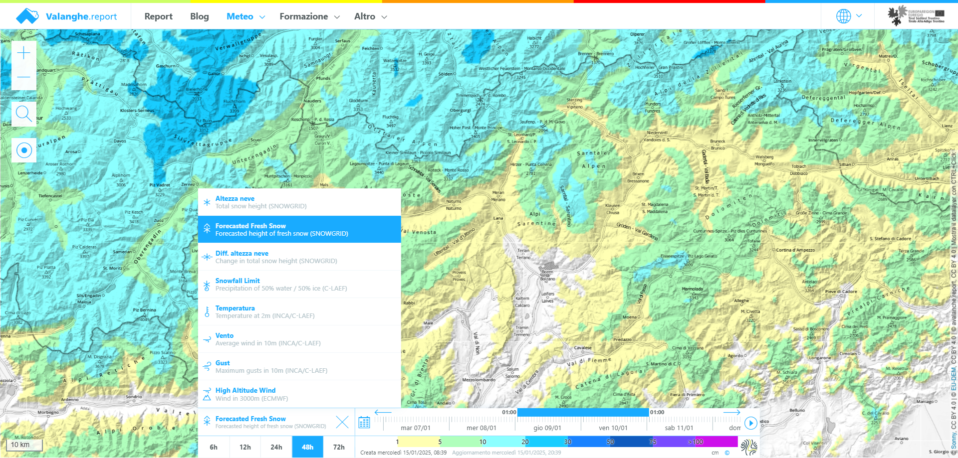 Nelle mappe meteo del sito web valanghe.report è possibile ricavare diverse informazioni meteorologiche di alta qualità.