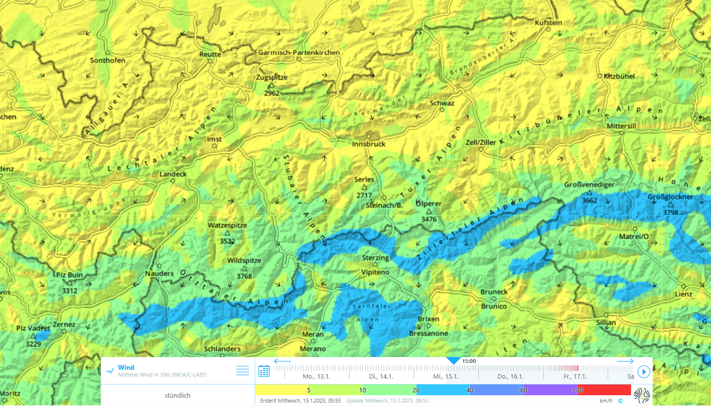 Mittelwind in 10 m Höhe. Angabe der Windrichtung in [km/h] durch Pfeile sowie der Windgeschwindigkeit über eine definierte Farbskala.