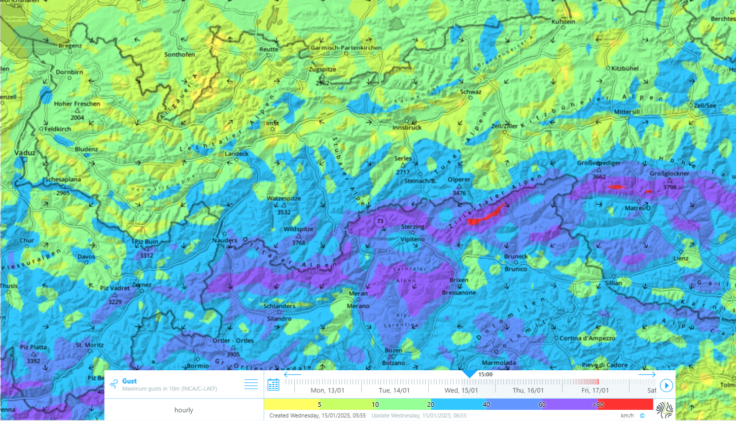 Depiction of wind gusts at 10m above ground level. Value of velocity of gusts at 10m above ground level in km/hr via a defined color-scale. By clicking on the map, the calculated value of wind gusts at a specific point on the map can be called up.