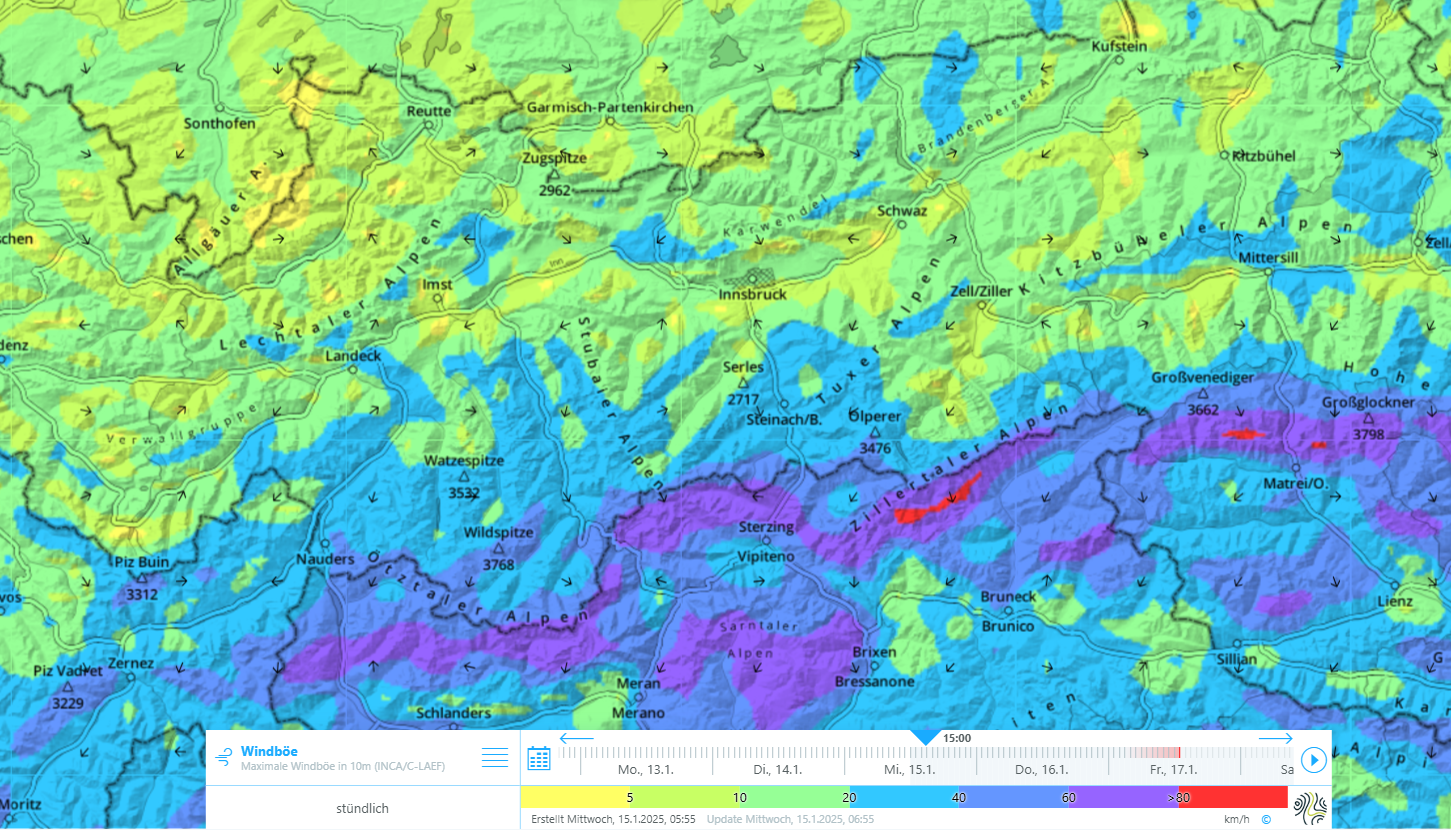 Darstellung der Windböen in 10 m Höhe. Angabe der Stärke der Windböen in einer Höhe von 10 m in [km/h] über eine definierte Farbskala. Mit Klick auf die Karte kann der berechnete Wert der Windböe für den entsprechenden Punkt abgerufen werden.