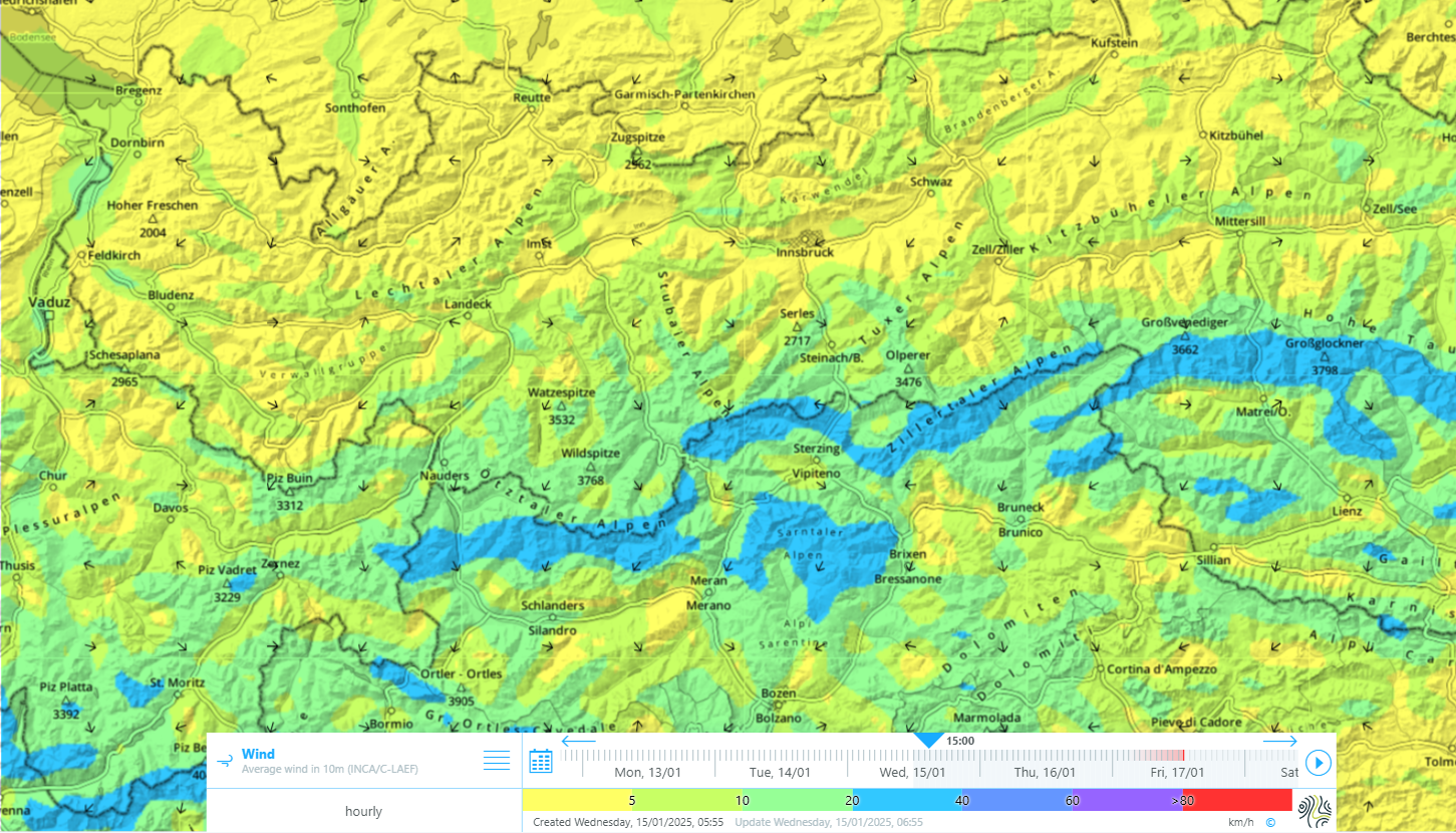Mid-wind at 10m above ground level. Value of wind direction in km/hr through arrows and windspeed via a defined color-scale.
