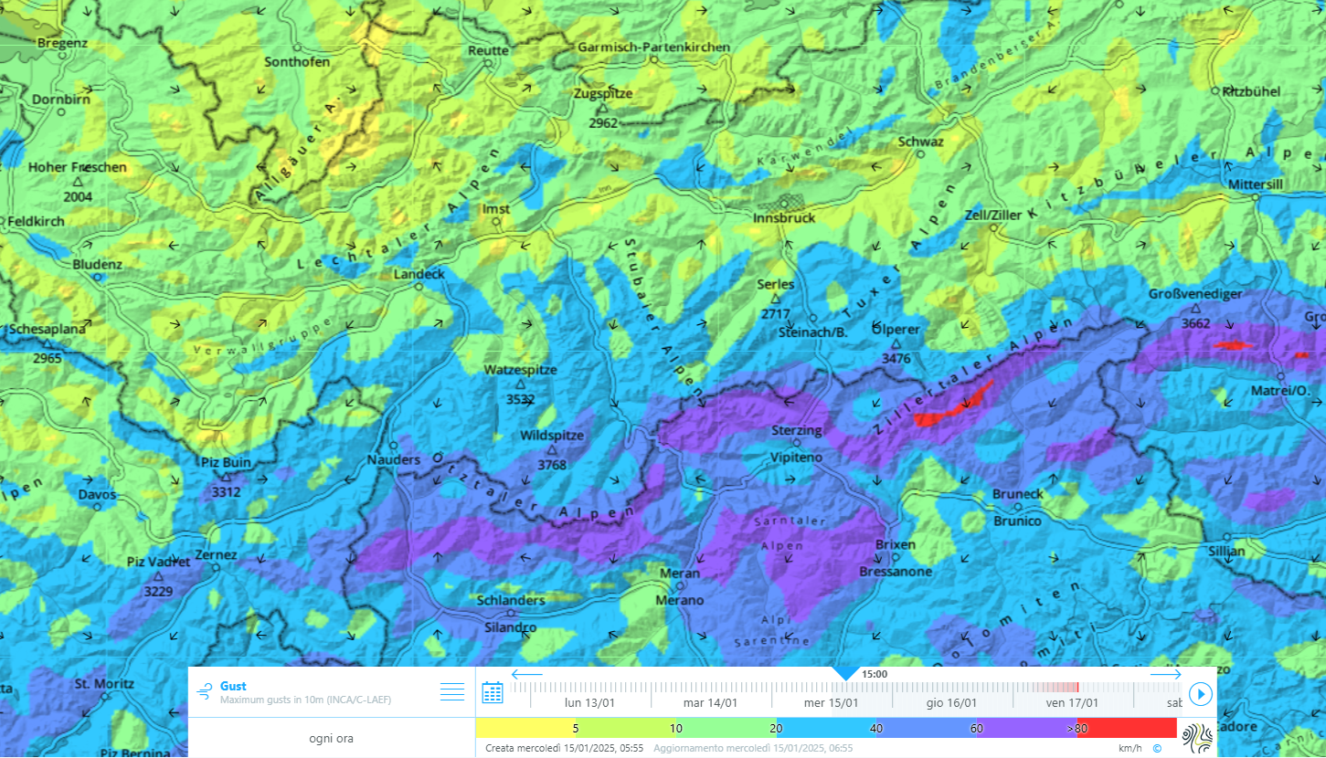 Raffiche di vento a 10 m di altezza dal suolo. Indicazione dell'intensità delle raffiche in [km/h] mediante una scala cromatica. Cliccando sulla mappa è possibile richiamare il valore calcolato della raffica di vento per il punto corrispondente.