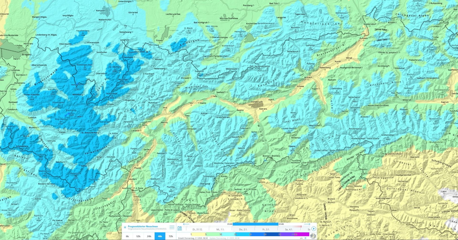 Prognostizierter Schneefall aufgrund der Kaltfront vom 02.01. auf den 03.01.2025