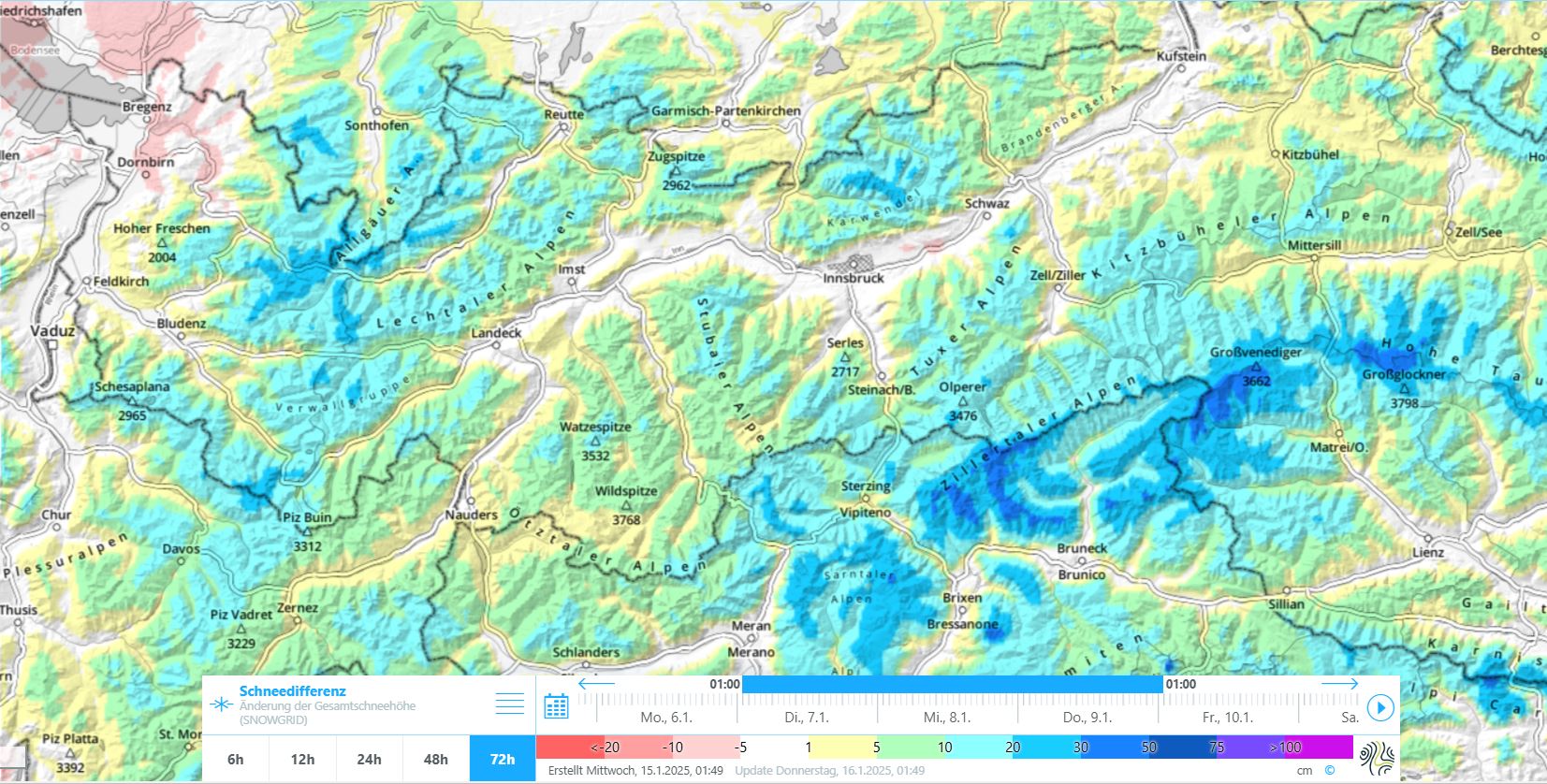72h Schneedifferenz zwischen dem 09.01. und dem 07.01.2025 in Tirol. Am meisten Schnee kam entlang des Alpenhauptkammes östlich des Brenners zusammen.