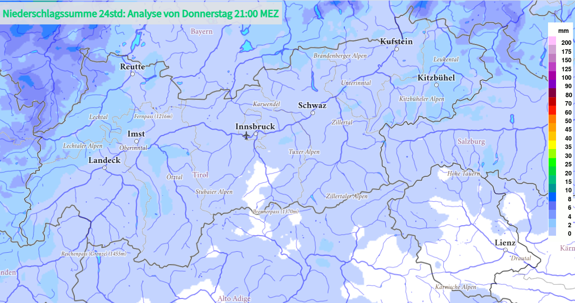 Die Kaltfront am Donnerstag, 23.01. bescherte nur sehr geringe Niederschlagsmengen (©GeoSphere Austria).