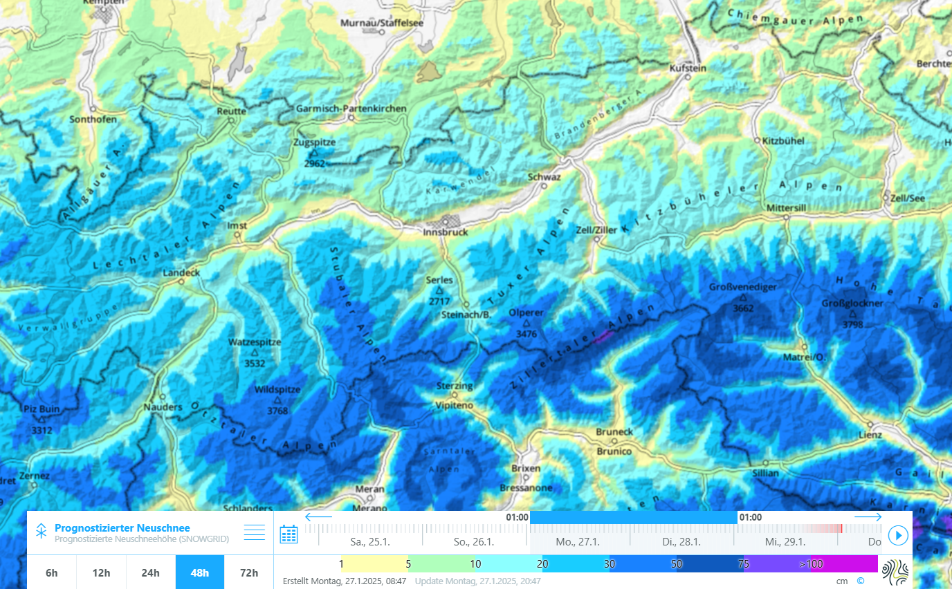 48h- Neuschneeprognose. Die Vorhersagen sind im Detail noch etwas unsicher. Abweichend von der dargestellten Karte sind auch entlang der Grenze zu Vorarlberg 30 bis 50cm Neuschnee möglich.