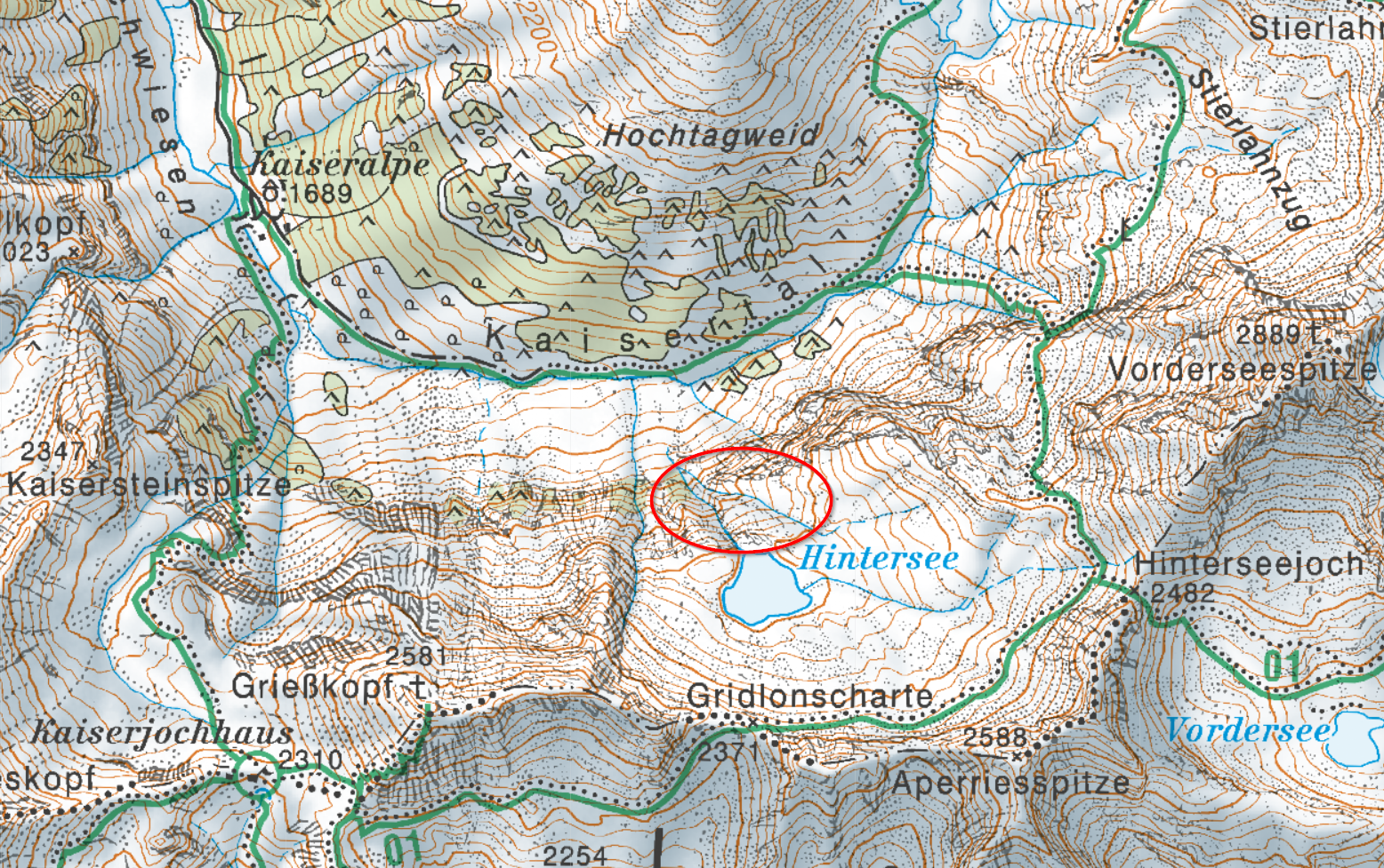 Ungefähre Lokalität des Lawinenunfalls im Kaisertal am heutigen Montag, 27.01.