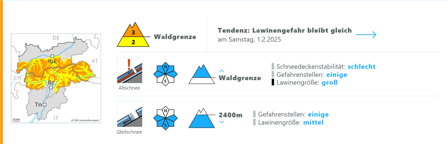 Gefahrenstufenkarte vom 31.01. weist die besonders gefährdeten Regionen aus.