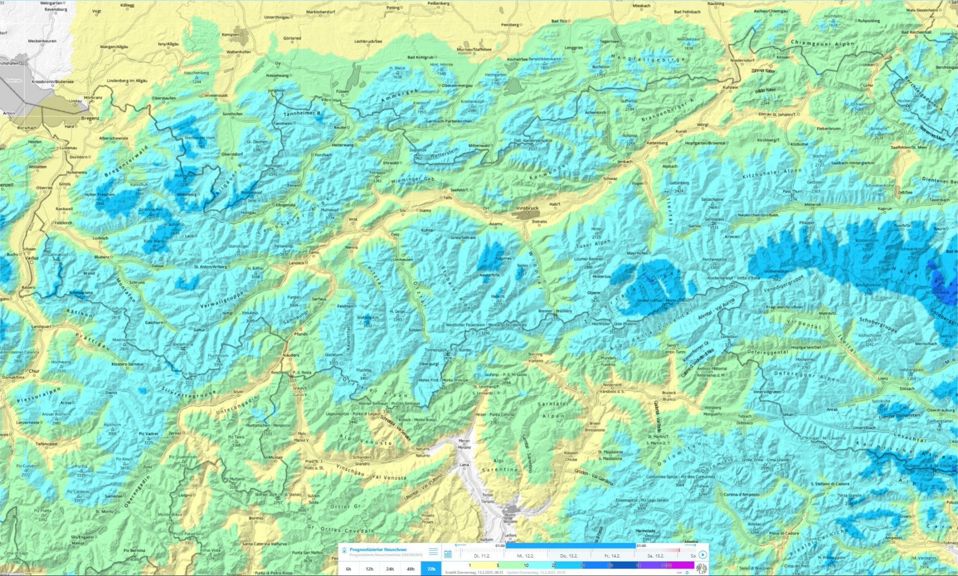 72h Neuschneeprognose vom 12.02. bis 14.02.