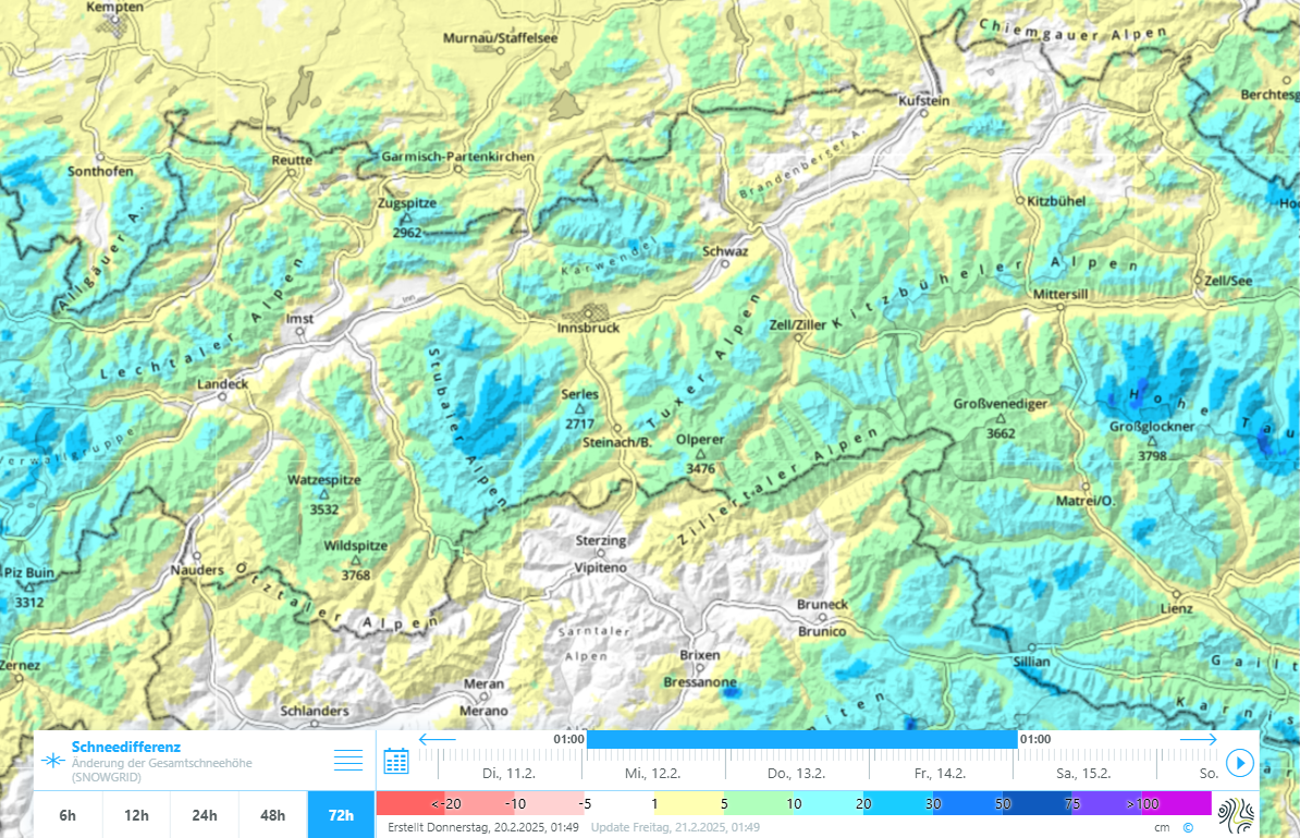 72h Neuschneesumme inkl. Setzung von 12. bis 14.02. In den Stubaier Alpen schneite es mit 20 bis 30cm vergleichsweise am meisten.