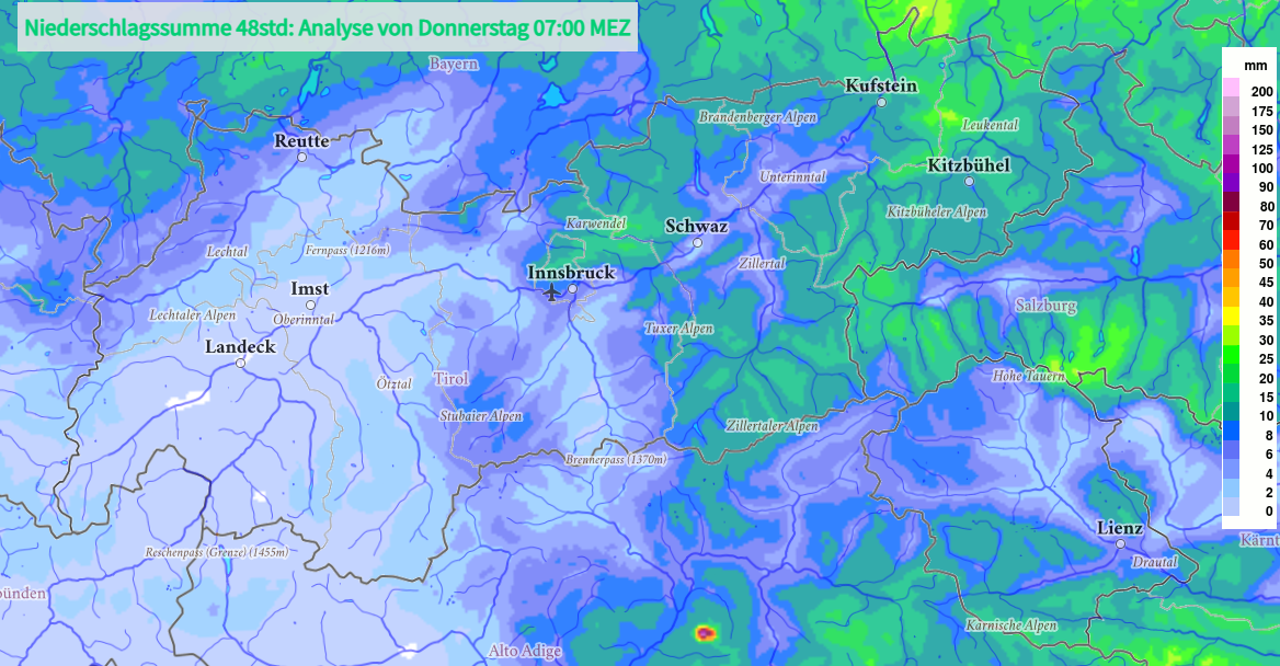 48h-Niederschlagssumme von Donnerstag, 27.02.2025. Konzentration im Osten und Südosten des Landes (© GSA)