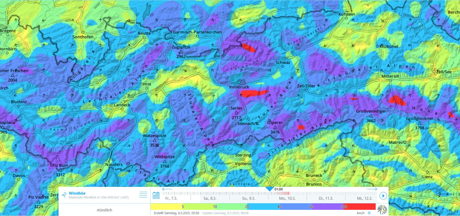 Prognostizierter Windeinfluss am 09.03.2025