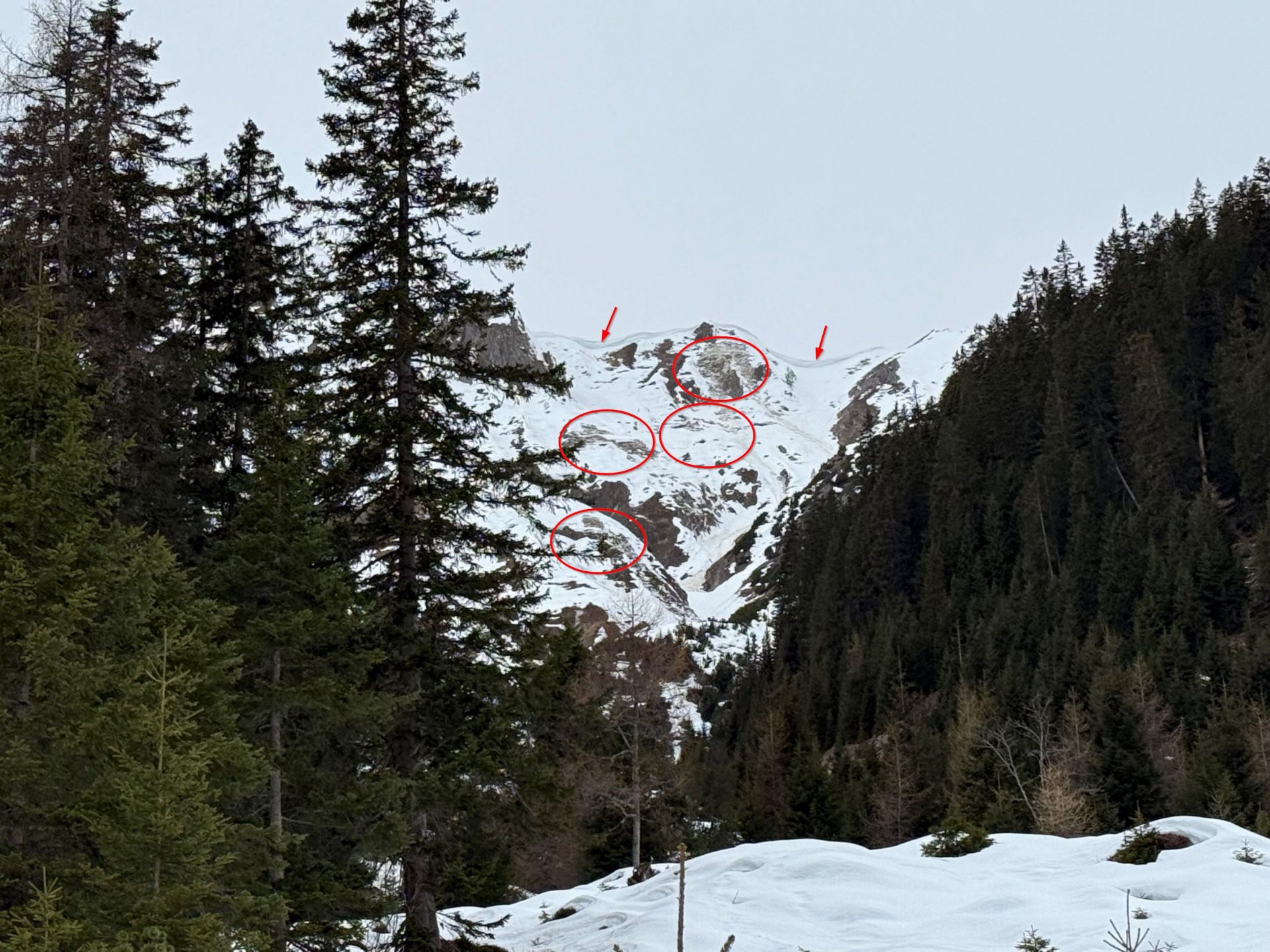 Neben der Zunahme der Gleitschneeaktivität (durch bodennahen Wassereintrag, aber auch durch vermehrte Auflast durch Neuschnee) können Wechten eine ernst zu nehmende Gefahr darstellen. Zwickspite im Außerfern (© Marvin Kärle, 12.03.2025)