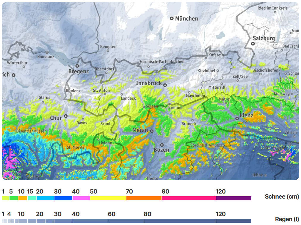 Schneevorhersage bis Montag, 24.03. 07:00 Uhr. Es sind nur unergiebige Neuschneemengen prognostiziert (©Bergfex).