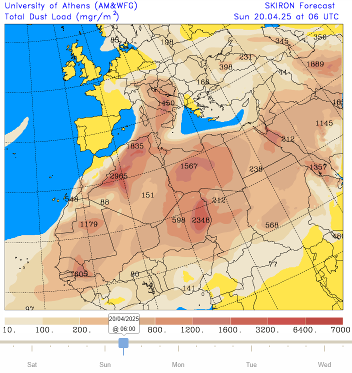 Bereits während der vergangenen Niederschläge wurde Saharastaub auf der Schneeoberfläche abgelagert. Mit der andauernden Südströmung gelangt auch am Wochenende neuerlich Staub aus der Sahara in unsere Breiten (©University of Athens).