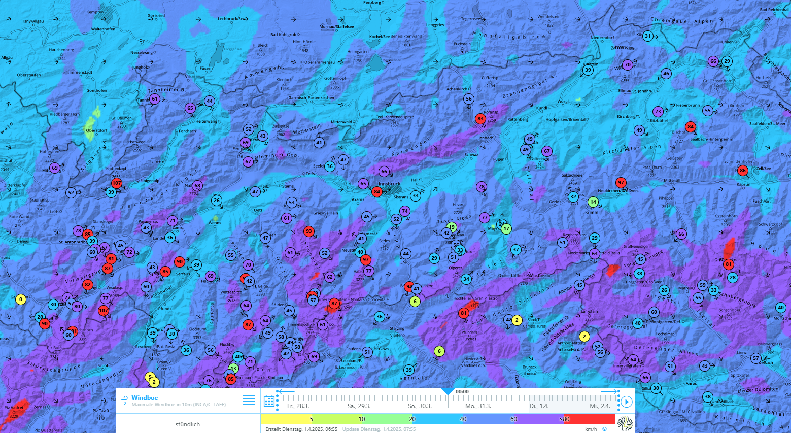 Besonders in den Nachtstunden auf Montag, 31.03. wehte der Wind auf den Bergen teils stürmisch und verfrachtete den Neuschnee umfangreich.