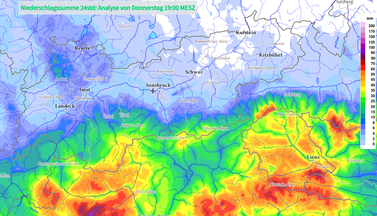24h- Niederschlagssumme von Mittwoch, 16.04. 19:00 Uhr bis Donnerstag, 17.04. 19:00 Uhr. Der höchste 24h- Wert wurde mit 84mm bei der Karlsbader Hütte (2260m) in den Lienzer Dolomiten verzeichnet.