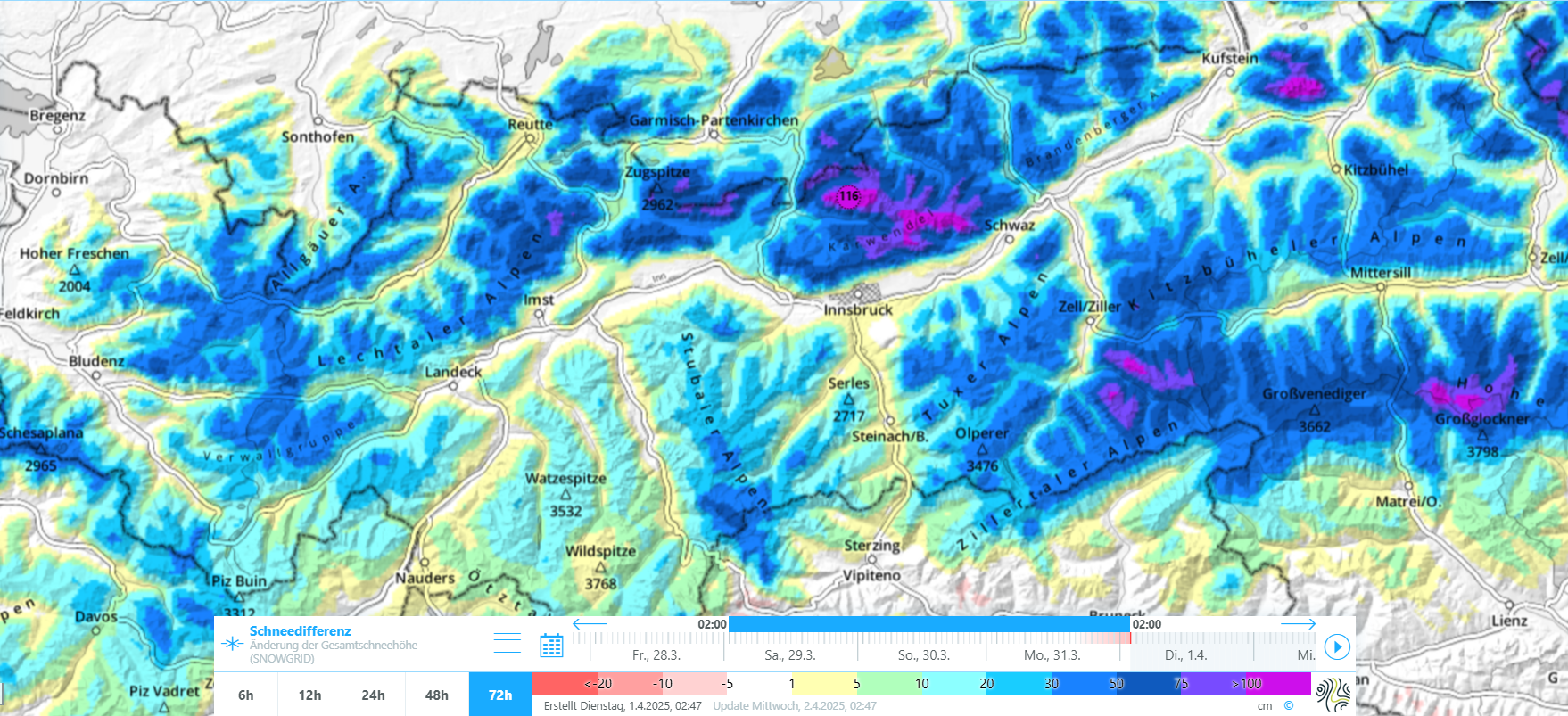 72h- Schneedifferenz (inkl. Setzung) von Samstag, 29.03. bis inklusive Montag, 31.03. Im Nordstau zwischen den östlichen Lechtaler Alpen und dem Wilden Kaiser, sowie im Osten Nordtirols und den Hohen Tauern kamen über 50cm Neuschnee hinzu.