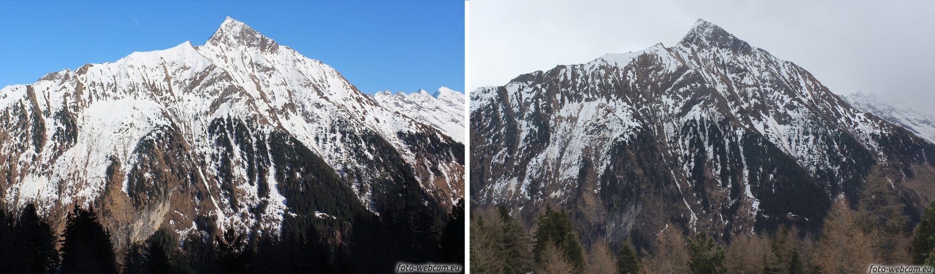 Blick in Richtung Dristner (2767m) in den Zillertaler Alpen. Links eine Aufnahme vom 11.04., rechts vom 17.04. Die Ausaperung der vergangenen Woche ist augenscheinlich (©foto-webcam.eu)