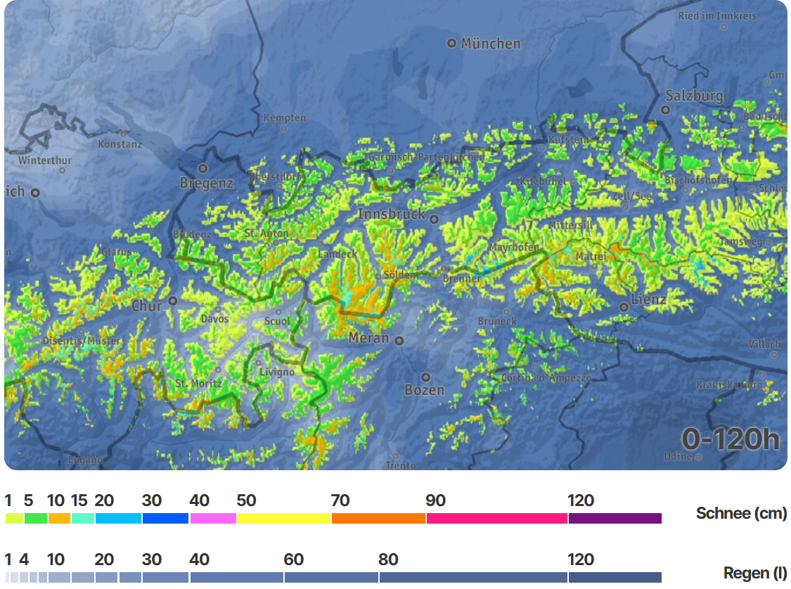 Bis Mittwochvormittag ist auf den Bergen etwas Neuschnee prognostiziert. Besonders entlang des Alpenhauptkammes können oberhalb etwa 2500m 15 bis 30cm Neuschnee fallen.