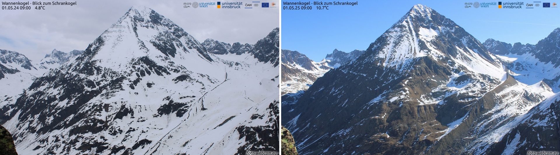 Blick in Richtung Schrankogel (3497m) in den Stubaier Alpen. Vor einem Jahr (links) lag auf den Bergen noch deutlich mehr Schnee als heuer (rechts; ©foto-webcam.eu).