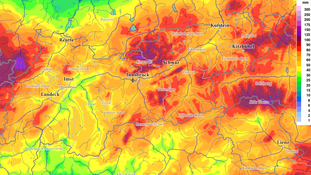 72h- Niederschlagssumme seit Sonntag, 06.07. In den östlichen Landesteilen war am meisten Niederschlag zu verzeichnen (©GeoSphere Austria).