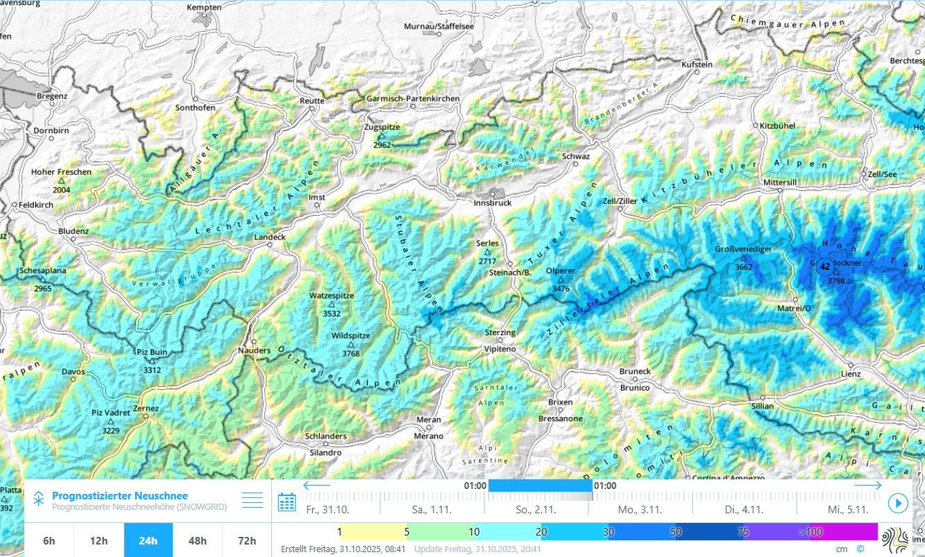 24h Neuschneeprognose für Sonntag (Allerseelen), den 02.11.2025. Der Niederschlagsschwerpunkt liegt am östlichen Alpenhauptkamm.