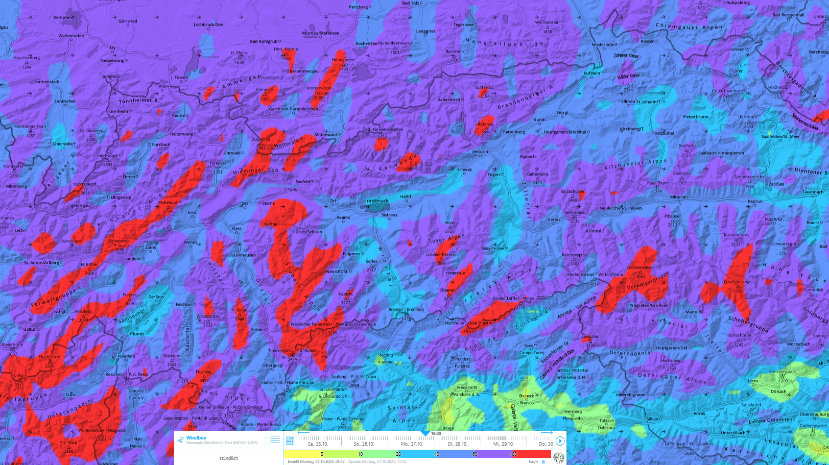 Auf den Bergen herrscht teils stürmischer Wind aus westlichen Richtungen.
