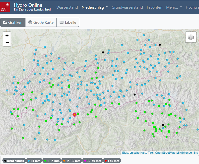 Gebietsweiser Niederschlag am 30.10. Meist waren es wenige mm mit Schwerpunkt in den südlichen Ötztaler Alpen (um 10mm).