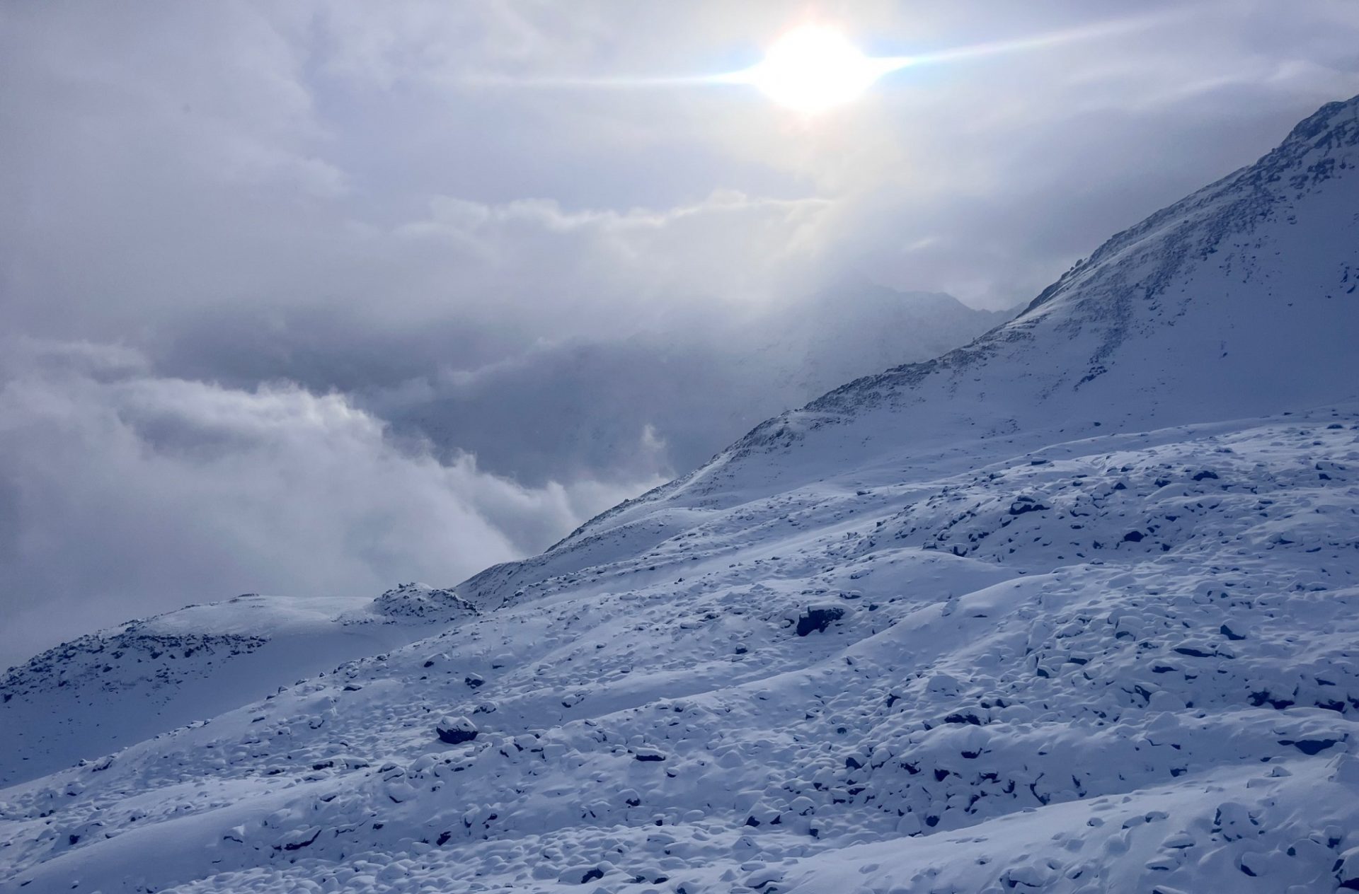 Vorsicht: Verletzungsgefahr. Im Blockgelände ist die derzeit noch geringe Schneehöhe gut zu erkennen, andernorts täuscht die aktuell jungfräuliche Neuschneeoberfläche über die grenzwertige Schneelage hinweg (©Tobias Holzknecht, 27.11.2025). 