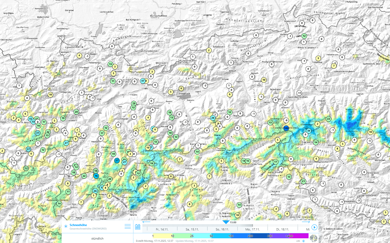 Modellierte Schneehöhe sowie Messwerte der automatischen Wetterstationen. Am unmittelbaren Hauptkamm und entlang der Grenze zu Vorarlberg hat sich am meisten Schnee von den Herbstschneefällen halten können.