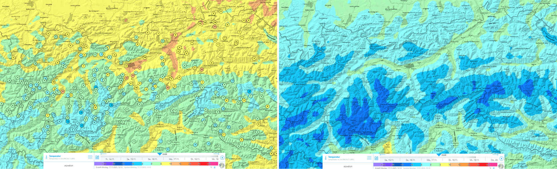 Gegenüberstellung der Temperaturen vom Sonntag, 16.11., um 20:00 Uhr und jenen vom darauffolgenden Montag zur gleichen Uhrzeit.