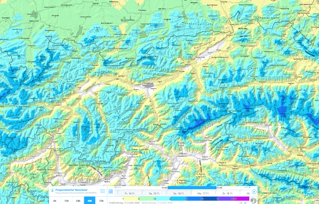 Seit Niederschlagsbeginn Sonntagnachmittag, 16.11. und bis zu dessen Ende in der Nacht auf Dienstag, 18.11. sind verbreitet 15 bis 25cm Neuschnee prognostiziert.   