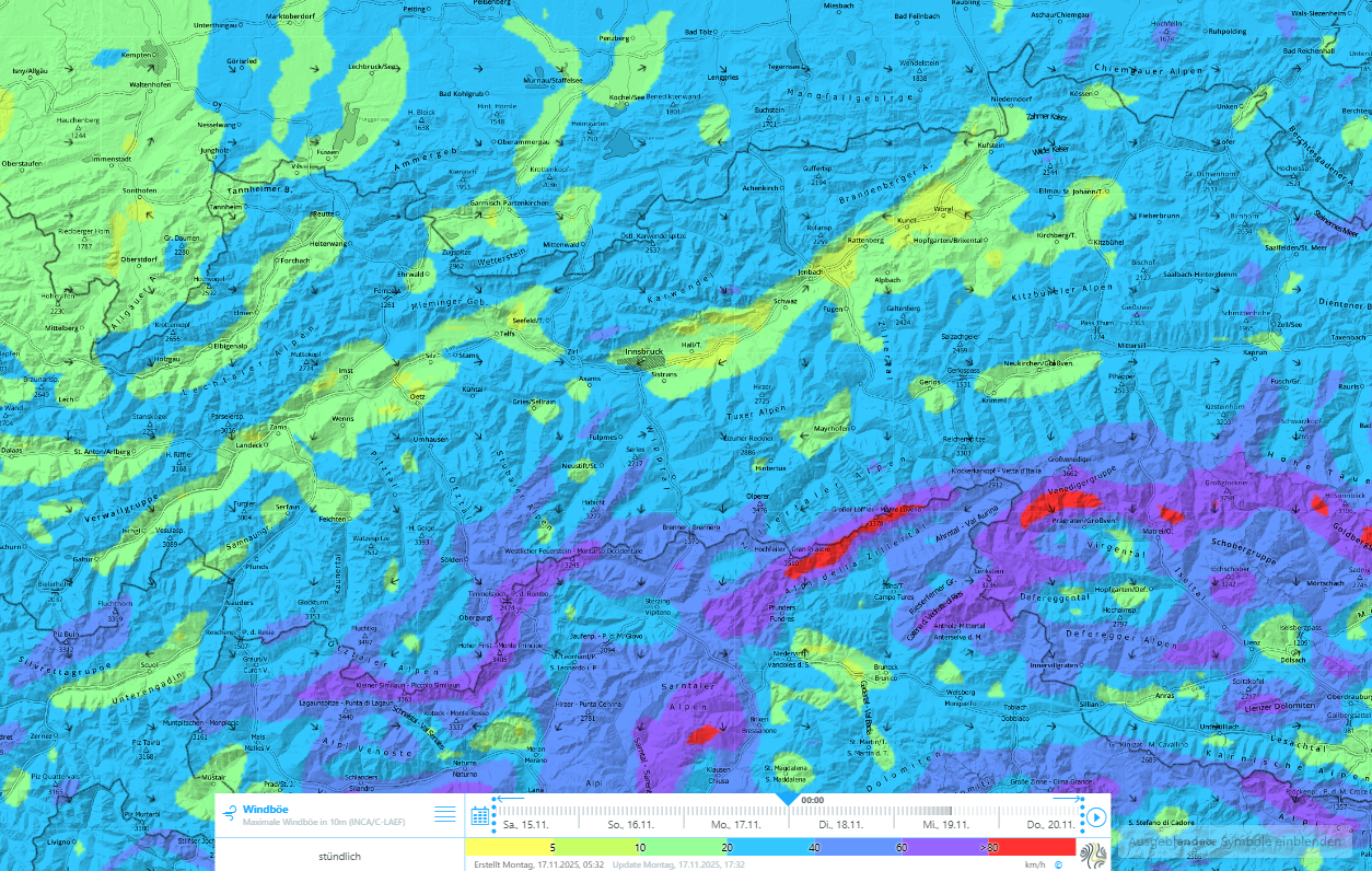 Der Wind bläst während des Niederschlags meist nur mäßig stark. In der Nacht auf Dienstag, 18.11. lebt entlang des Alpenhauptkammes sowie in Osttirol allerdings zeitweise starker Nordföhn auf.