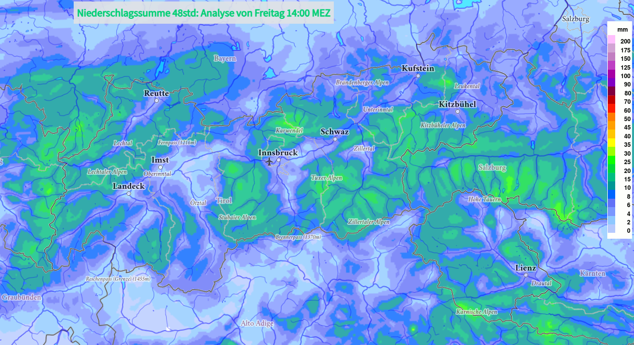 Auf der Karte wird die 48h-Niederschlagssumme (in mm) vom 20.11. auf den 21.11.2025 dargestellt. (© GSA)