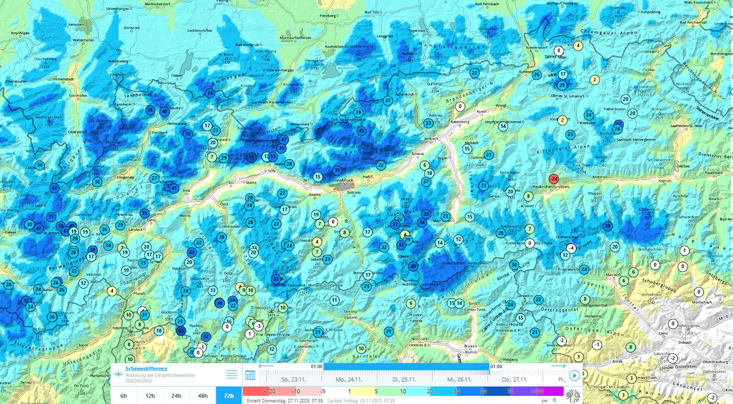 Neuschneesumme der vergangenen 3 Tage: Verbreitet sind 20 bis 40cm Neuschnee gefallen, im Norden und Westen mitunter auch etwas mehr. 