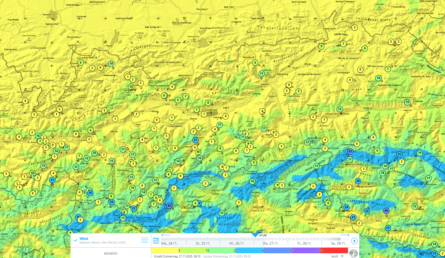 Die Windkarte, dass am unmittelbaren Hauptkamm und südlich davon Nordwind ein Thema war und den lockeren Neuschnee verfrachten konnte. 