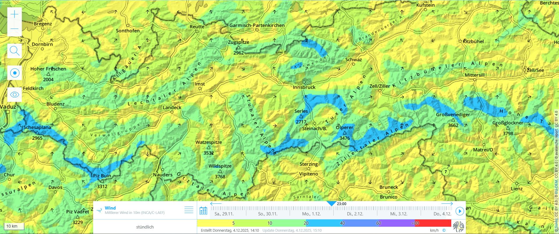 In den typischen Föhnstrichen war es auf den Bergen für ein paar Tage recht windig. Windkarte vom 01.12.2025 um 23:00 Uhr.