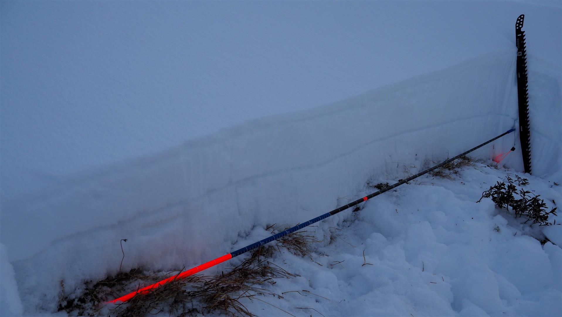 Markant war an diesem Profilstandort am Predigberg oberhalb von Galtür eine ausgeprägte Schwachschicht aus Oberflächenreif. (Die am 08.12.2025 aufgrund der Warmfront abgegangenen Schneebrettlawinen lösten sind meist bei dieser Schwachschicht) (© LWD Tirol, 11.12.2025)