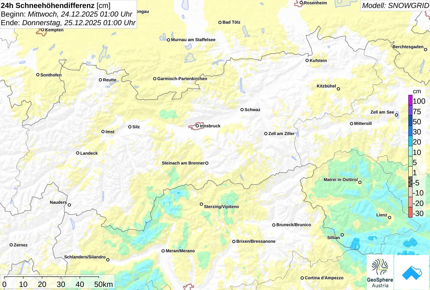 Pünktlich an Heiligabend schneite es in Osttirol bis zu 20cm. Nordtirol ging weitestgehend leer aus. 