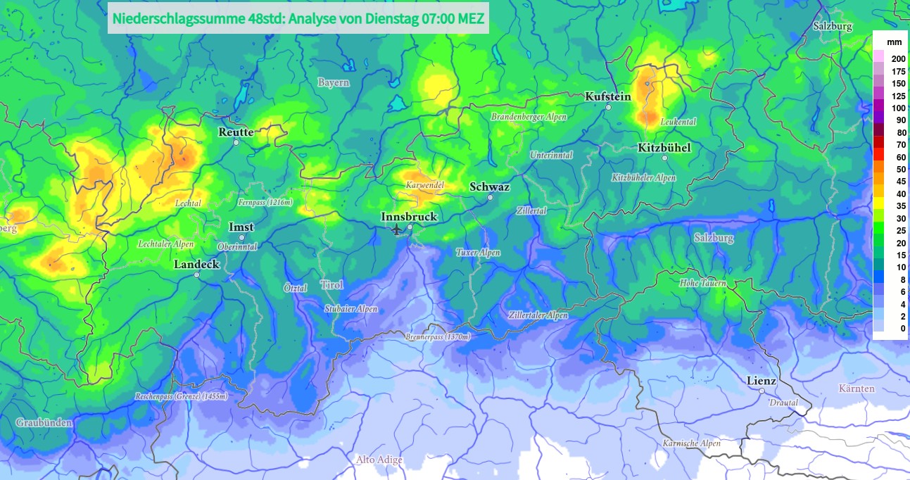 Am meisten Niederschlag gab es westlich und nördlich des Inns sowie im Kaisergebirge (©GeoSphere Austria).