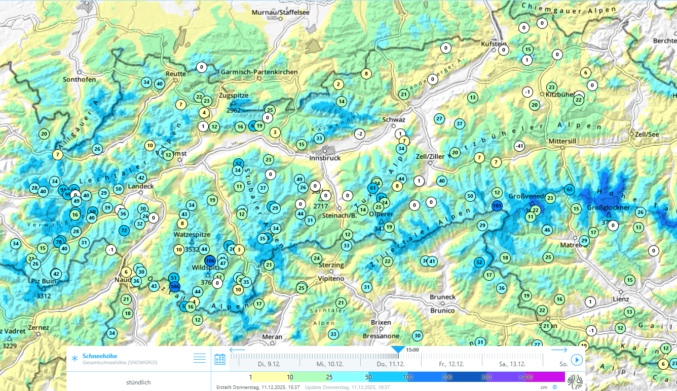 Weiterhin für die Jahreszeit unterdurchschnittliche Schneehöhen auf Tirols Bergen.