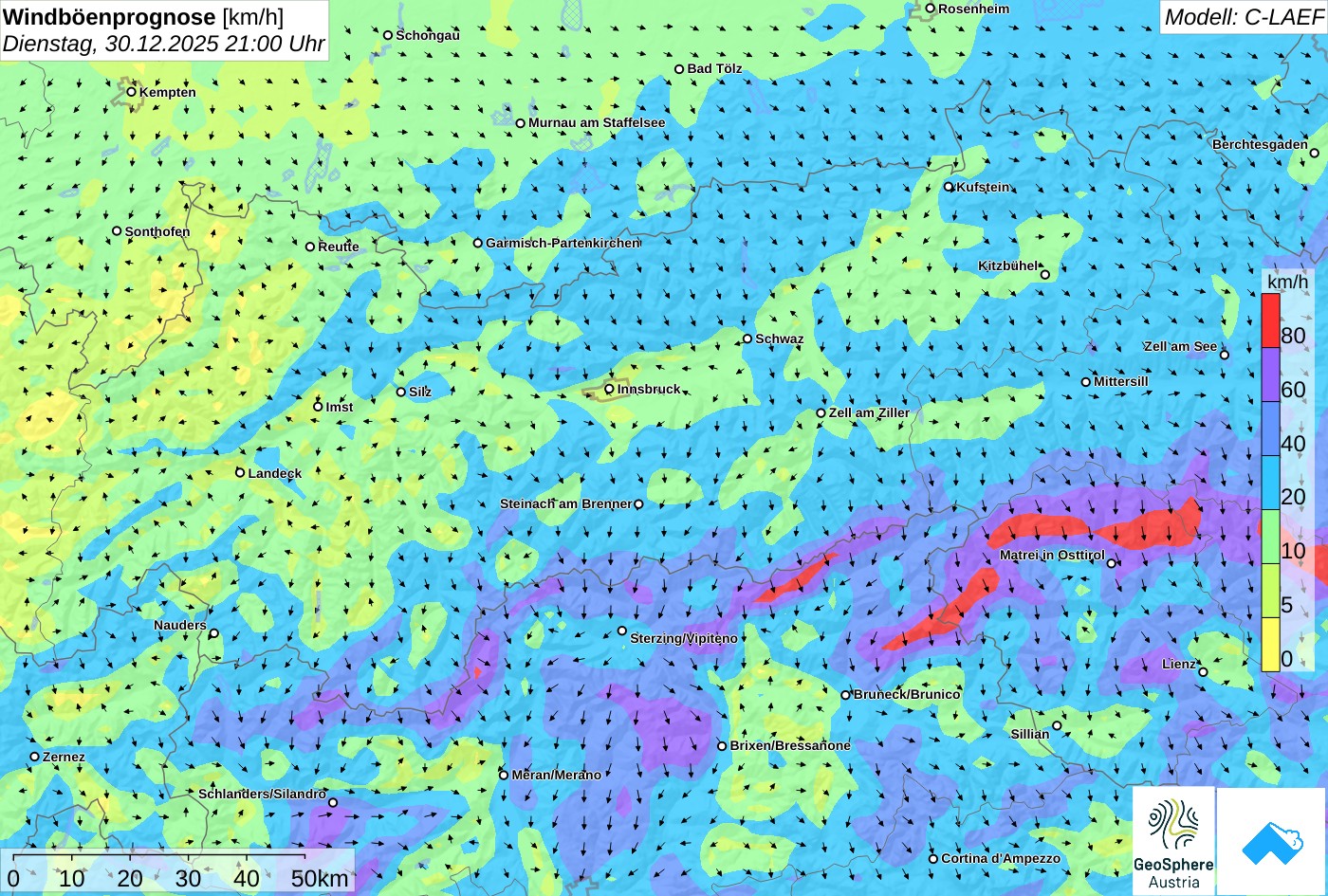 Zum Teil sogar stürmisch auf den Bergen, insbesondere in den östlichen Regionen des Alpenhauptkammes.